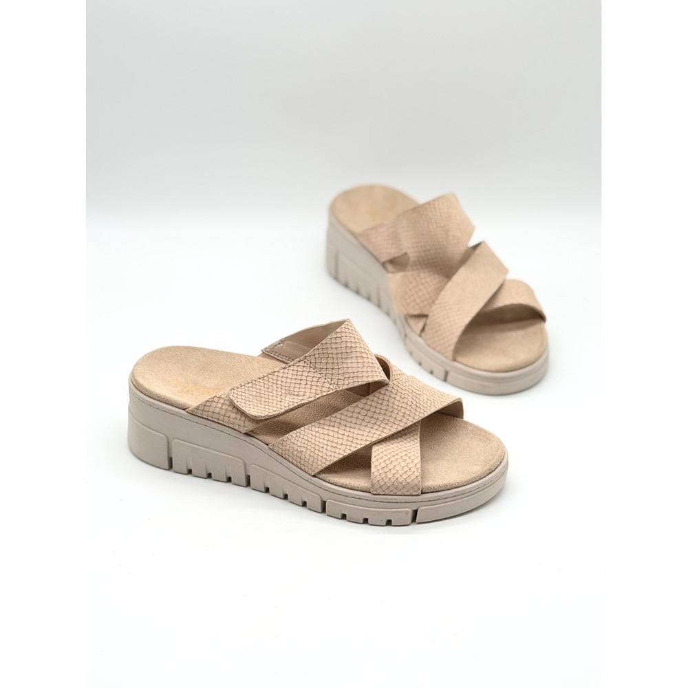 Vionic Uptown Sunset Sandals Womens 8 Wide Tan Snakeskin Platform Wedge Orthotic